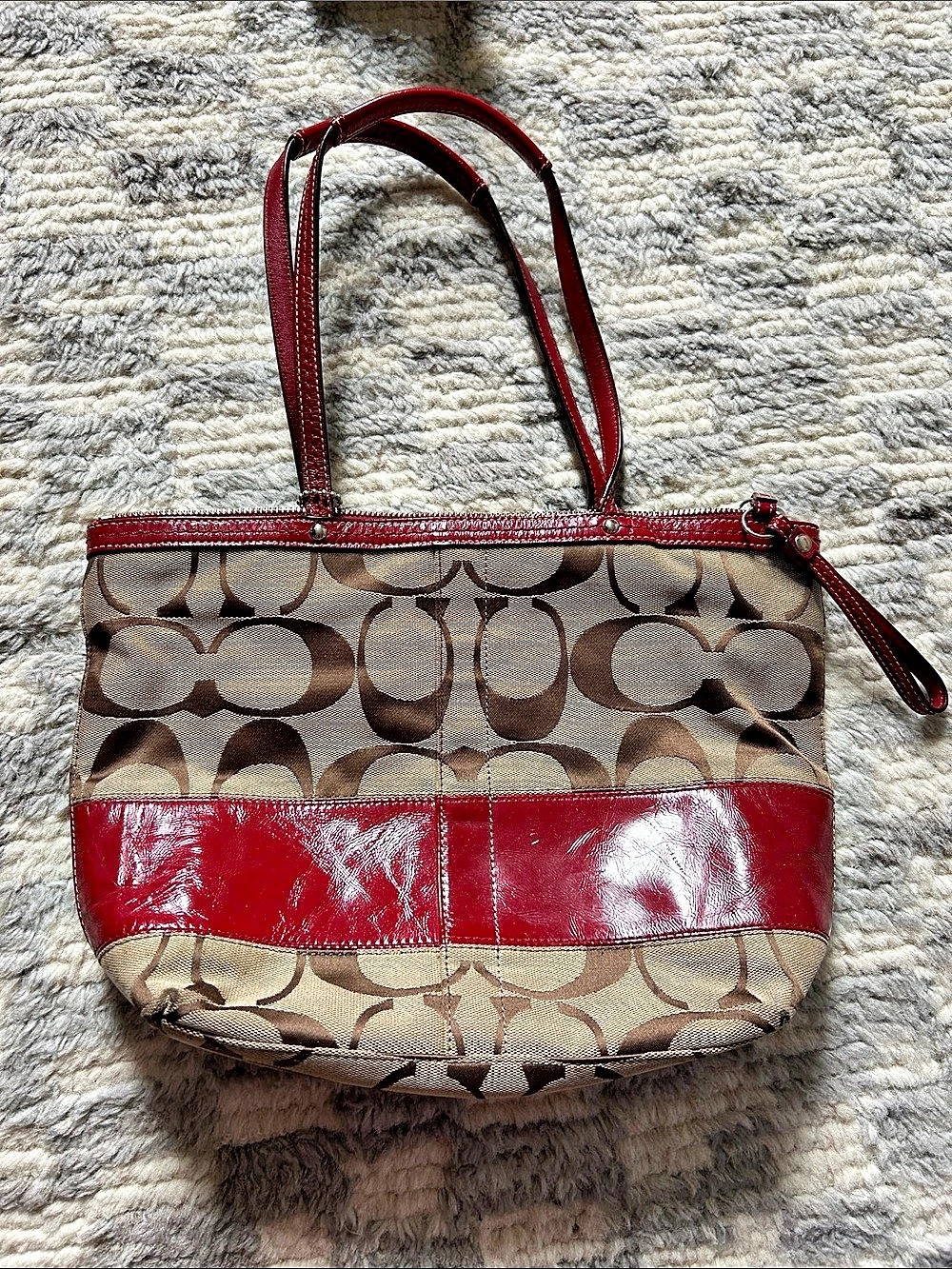 Coach Signature Stripe Patent Tote in Red & Brown